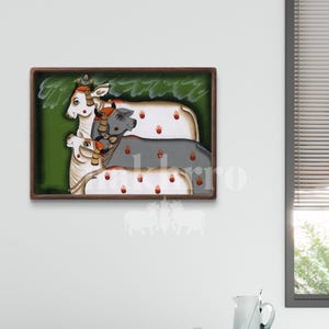 White & Grey Kamdhenu Pichwai – Hand-Painted Horizontal Cow Art on Green – Indian Spiritual Wall Decor (Original)