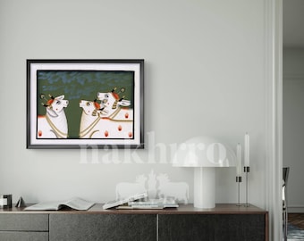 Pintura de Kamdhenu Pichwai: Vaca blanca sobre tela verde oliva, arte mural indio