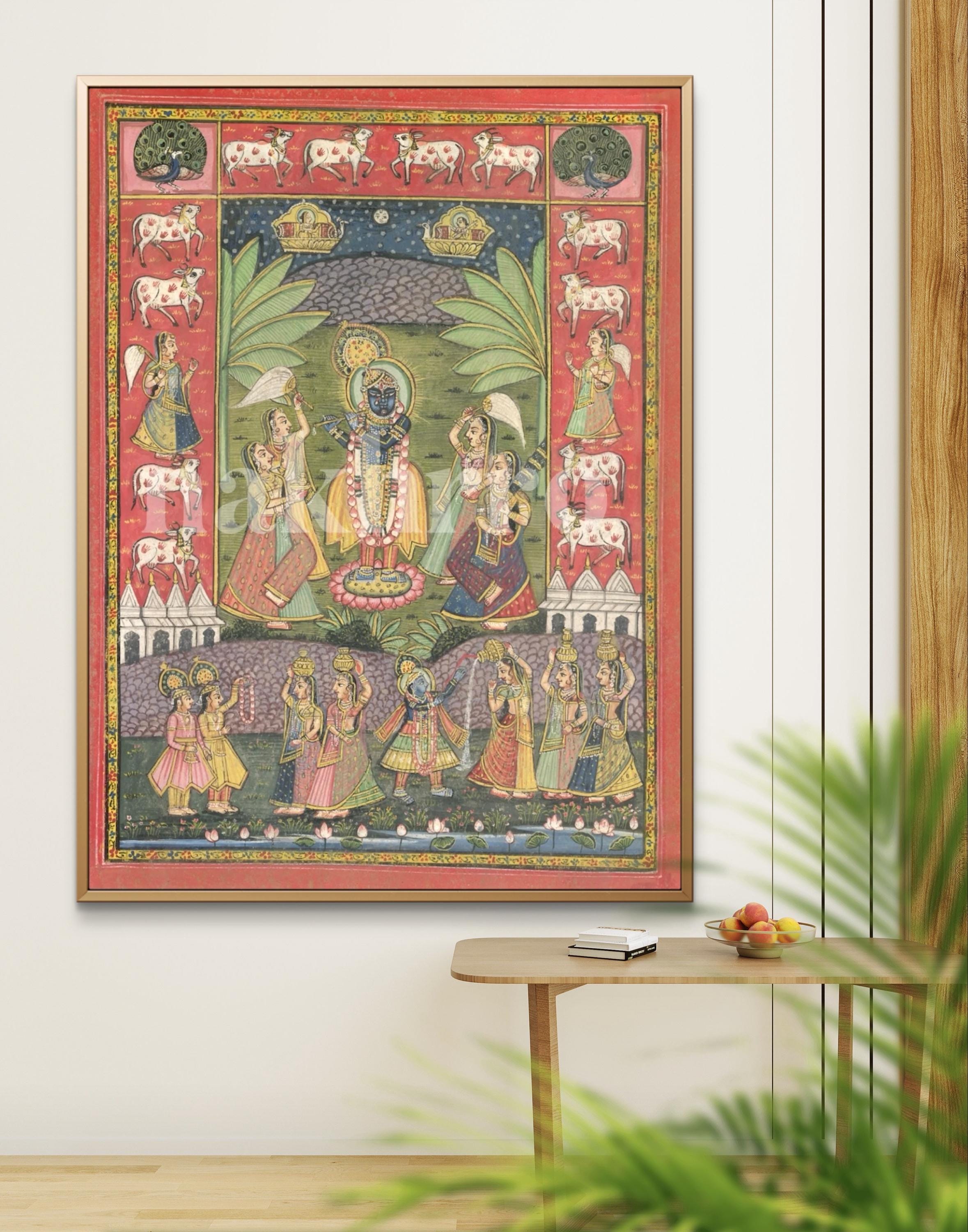 Traditional Krishna Pichwai Print – Archival Indian Wall Art with Gopis, Cows & Lotus | Museum-Grade Devotional Art | Nakhrro Home