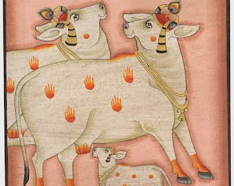 Kamdhenu Cow Pichwai Art Print | Soft Pink Indian Decor