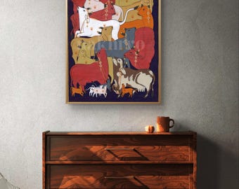 Kamdhenu Cow Pichwai Art Print: Vibrant Indian Cattle Painting