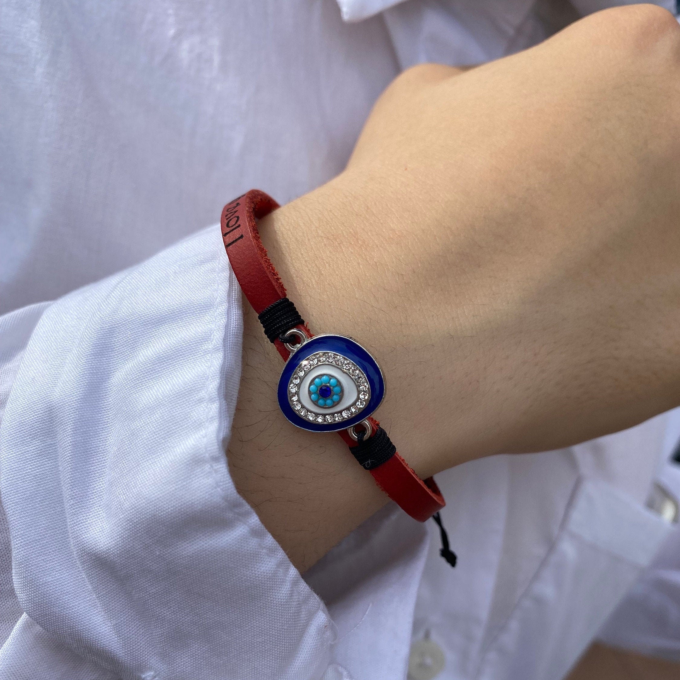 Customized Women Leather Bracelet Evil Eye Beaded Custom