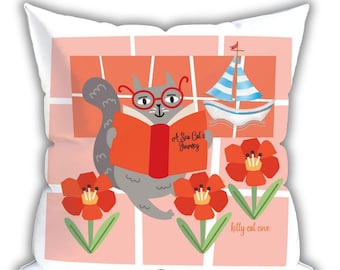 May include: A gray cat wearing glasses sits on a pink and orange brick wall, reading a book titled "A Sea Cat's Journey".  There are red flowers with yellow centers on either side of the cat.  The text "killy cal cove" is at the bottom of the image.