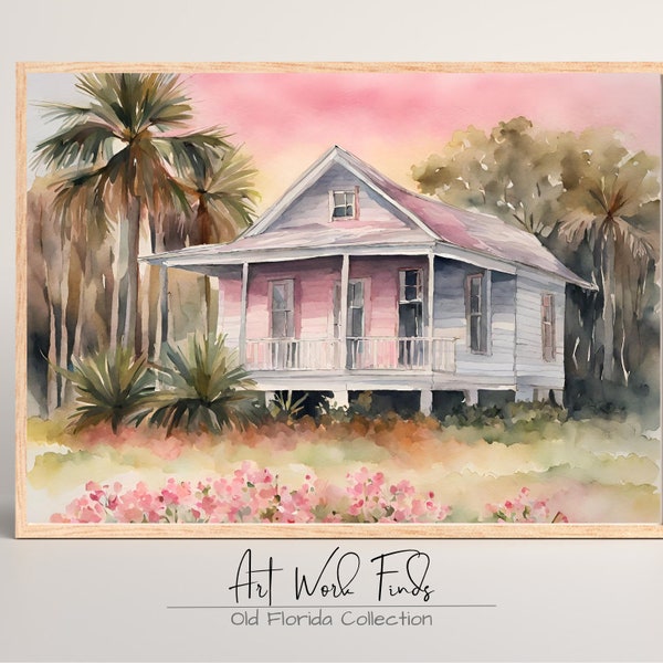 Vintage Florida Everglades House in Pink | Printable | Old Florida Collection | Vintage Florida Everglades House