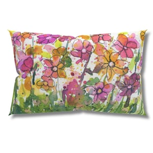 Watercolor Flowers with Hearts Pillow, Oblong Lumbar 12 x 20 inches, Free Shipping