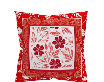 Red Paisley Flower Pillow, Two Sizes, Square Shape, Washable, Free Shipping