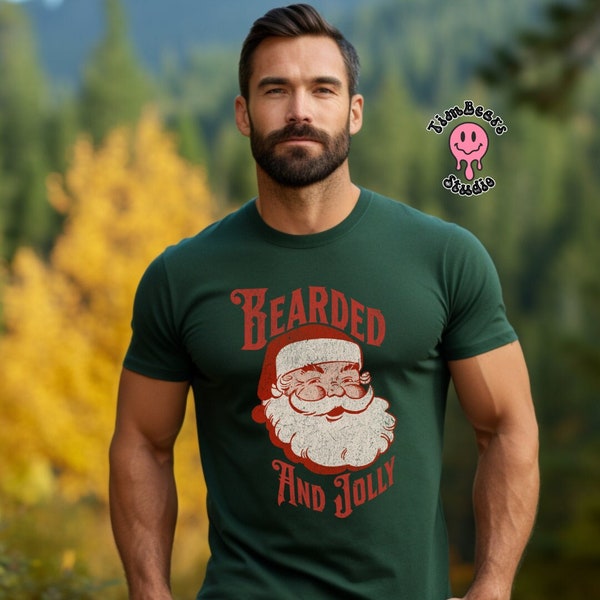 Bearded and Jolly Christmas T-shirt for Men - Beard T-shirt - Funny Men's Christmas T-shirt - Retro Beard Christmas T-shirt - Beard Gifts
