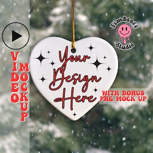 Christmas Heart Ornament Video Mock up- Video Mock Up Heart Ceramic Ornament - Christmas Ornament Video MP4 & PNG Mock Up