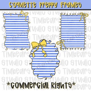Può includere: Cornici digitali con strisce blu e bianche, decorate con fiocchi gialli. Le cornici hanno uno stile stravagante, disegnato a mano, con il testo "Corvette Preppy Frames" e "Commercial Rights" in alto e in basso.