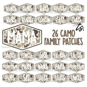 May include: A set of 26 camouflage family patches, each with a different family member's name in white. The patches are hexagonal and feature a camouflage design in brown, green, and beige. The text "26 CAMO FAMILY PATCHES" is also visible.