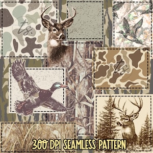 May include: A seamless pattern featuring illustrations of deer, ducks, and camouflage designs. The pattern includes images of a buck with large antlers, flying ducks, and various camouflage patterns in shades of brown, green, and tan. The text "300 DPI SEAMLESS PATTERN" is at the bottom.