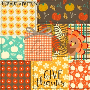 May include: A patchwork design featuring various fall-themed patterns. The design includes pumpkins, sunflowers, leaves, and a turkey. The color palette consists of orange, yellow, brown, and teal. The text "GIVE thanks" is also present.