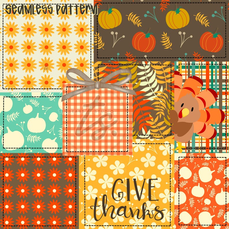 Fall Patchwork Seamless Pattern, Give Thanks PNG, Fall Patchwork, Pumpkin Pattern, Seamless Fall Pattern, Boho Fall