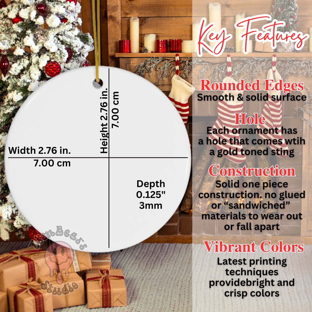 Round Ornament Size Chart, Ceramic Ornament Key Features, Printify Ornament Mockup, Christmas