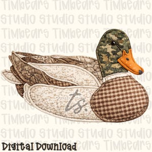 May include: A fabric duck with a camouflage head, brown and white patterned wings, and a brown checkered body. The duck has an orange beak and is labeled "Digital Download."