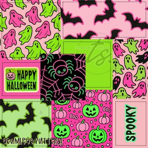 Peut inclure: Un motif patchwork avec des illustrations d'Halloween. Des fantômes roses et verts, des chauves-souris, des araignées et des citrouilles sont disposés en motifs répétés. Les mots "Happy Halloween" et "Spooky" sont également inclus.