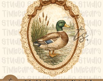 Moldura oval vintage de pato-real PNG, arte de pato estilo cottagecore, arte de parede rústica para casa de campo, ilustração de pato em moldura de renda, decoração campestre para imprimir