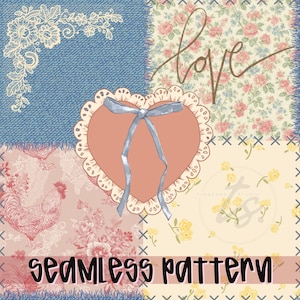 May include: A patchwork design featuring denim, floral, and lace patterns. A heart with a ribbon is centered, with the word "love" in cursive script. The words "seamless pattern" are at the bottom.