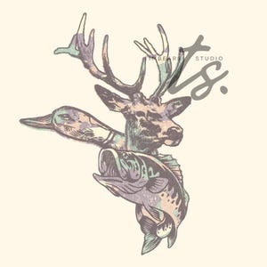 May include: A vintage-style illustration of a deer head with a duck and a fish. The illustration is in shades of blue, green, and brown. The text "Timber Bears Studio" is in the upper right corner.