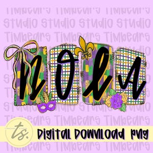 May include: A digital download PNG graphic with the letters "NOLA" in black, decorated with Mardi Gras elements. The design includes a fleur-de-lis, a mask, and floral accents in purple, green, and gold, set against a lavender background.