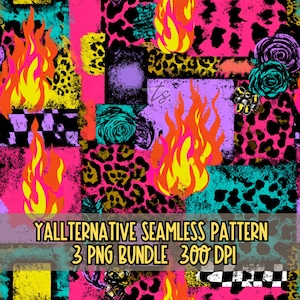 Op de afbeelding: Een levendig, naadloos patroon met een patchwork-ontwerp. Het bevat vlammen, luipaardprint, rozen en geblokte elementen in felroze, geel, turquoise, zwart en paars. De tekst "YALLTERNATIVE SEAMLESS PATTERN 3 PNG BUNDLE 300 DPI" staat onderaan.