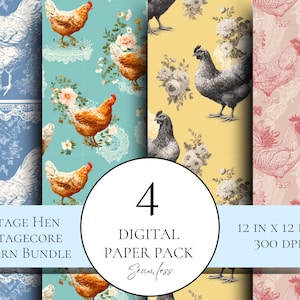 May include: A digital paper pack featuring four seamless patterns with a vintage hen and cottagecore theme. The patterns include illustrations of chickens, floral elements, and lace details in blue, teal, yellow, and pink. Each paper is 12 x 12 inches.