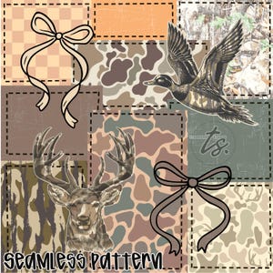 May include: A seamless pattern design featuring a deer, duck, and bows, set against a patchwork of camouflage and neutral tones. The words "SEAMLESS PATTERN" are at the bottom. The design has a rustic, outdoorsy aesthetic.
