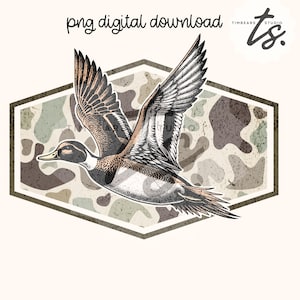 May include: A brown and white duck flying over a camouflage pattern. The duck is in a hexagonal shape with a brown outline. The text "png digital download" is at the top of the image.