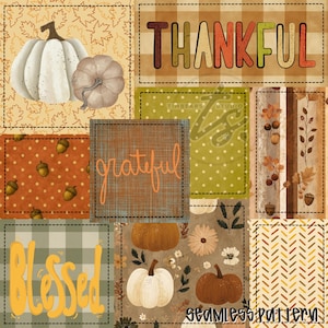 May include: A patchwork design with autumn-themed elements. The image features pumpkins, acorns, and fall leaves. The words "THANKFUL", "grateful", and "Blessed" are displayed in a decorative font. The words "seamless pattern" are also displayed.
