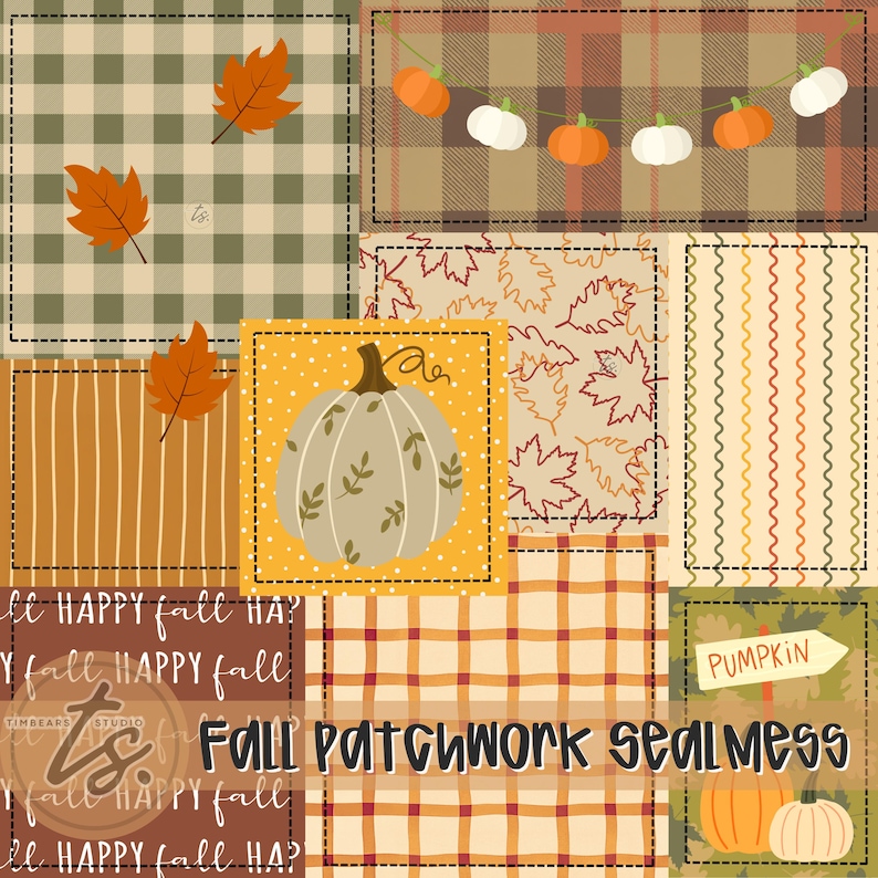 Pumpkin Patchwork Seamless Pattern, Fall Patchwork Pattern PNG, Autumn Patchwork, Gingham Patchwork Pattern, Fall Seamless Pattern
