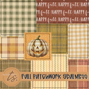 May include: A patchwork design with various fall-themed patterns. The design includes plaid, stripes, and a smiling jack-o'-lantern. The words "HAPPY fall" are repeated across the top. The text "Fall patchwork seamless" is at the bottom.
