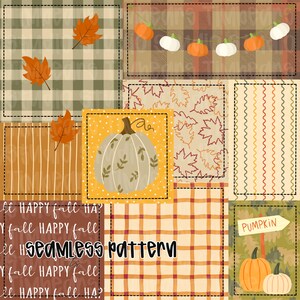 Pumpkin Patchwork Seamless Pattern, Fall Patchwork Pattern PNG, Autumn Patchwork, Gingham Patchwork Pattern, Fall Seamless Pattern