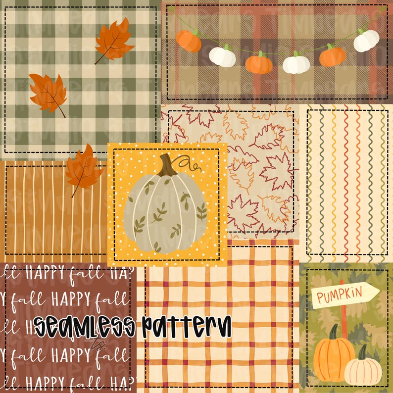 Pumpkin Patchwork Seamless Pattern, Fall Patchwork Pattern PNG, Autumn Patchwork, Gingham Patchwork Pattern, Fall Seamless Pattern