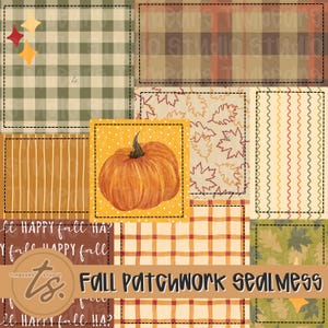 May include: A patchwork design featuring various fall-themed patterns. The design includes a pumpkin illustration, plaid, leaves, and striped patterns in warm autumn colors. The text "Fall Patchwork Seamless" is visible at the bottom.