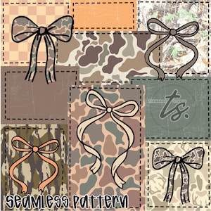 May include: A patchwork design featuring bow illustrations with camouflage and checkered patterns. The bows are in shades of brown, tan, and orange, with black outlines. The words "seamless pattern" are at the bottom.