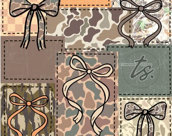 Coquette Bow Camo Patchwork Seamless Pattern PNG, Patchwork Pattern PNG, Camo Patchwork, Camouflage Bow png, Hunting Png, Patchwork Pattern