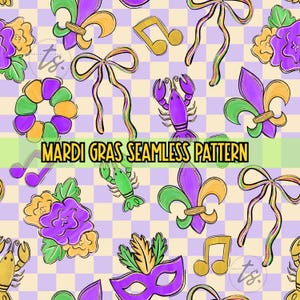 Pode incluir: Padrão sem costura com elementos do Mardi Gras. O design inclui flor-de-lis, notas musicais, laços, máscaras e lagostins em roxo, verde e dourado sobre um fundo quadriculado. O texto "MARDI GRAS SEAMLESS PATTERN" é exibido.