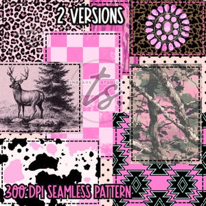 Peut inclure: Un motif numérique sans couture avec un patchwork de motifs variés. Il comprend un imprimé léopard rose et noir, un motif à carreaux roses et blancs, une illustration de cerf et un imprimé vache rose et noir. Le texte "2 VERSIONS" et "300 DPI SEAMLESS PATTERN" sont également visibles.