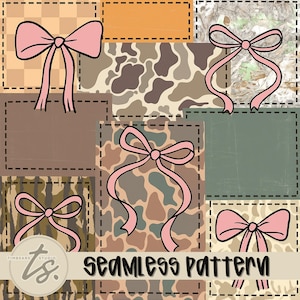 May include: A seamless pattern design featuring pink bows on various backgrounds, including camouflage and solid colors. The design includes the text "seamless pattern" in a bold, black font. The overall aesthetic is a mix of feminine and rustic elements.