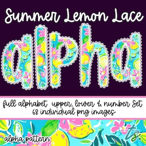 Preppy Lace Lemon Alphabet Set, Bright Lemon Alpha Set, PNG Alpha Set, Summer Alpha,  Digital Download, Lace Alphabet Set