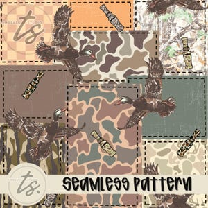 May include: Seamless pattern featuring flying ducks and duck calls on a patchwork background. The design incorporates camouflage patterns in shades of brown, green, and tan, with a distressed texture. The text "seamless pattern" is displayed in a bold, stylized font.