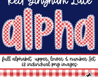 Preppy Red Gingham Alphabet Set, Southern Alpha Set, PNG Alpha Set, Summer Alpha,  Digital Download, Lace Alphabet Set
