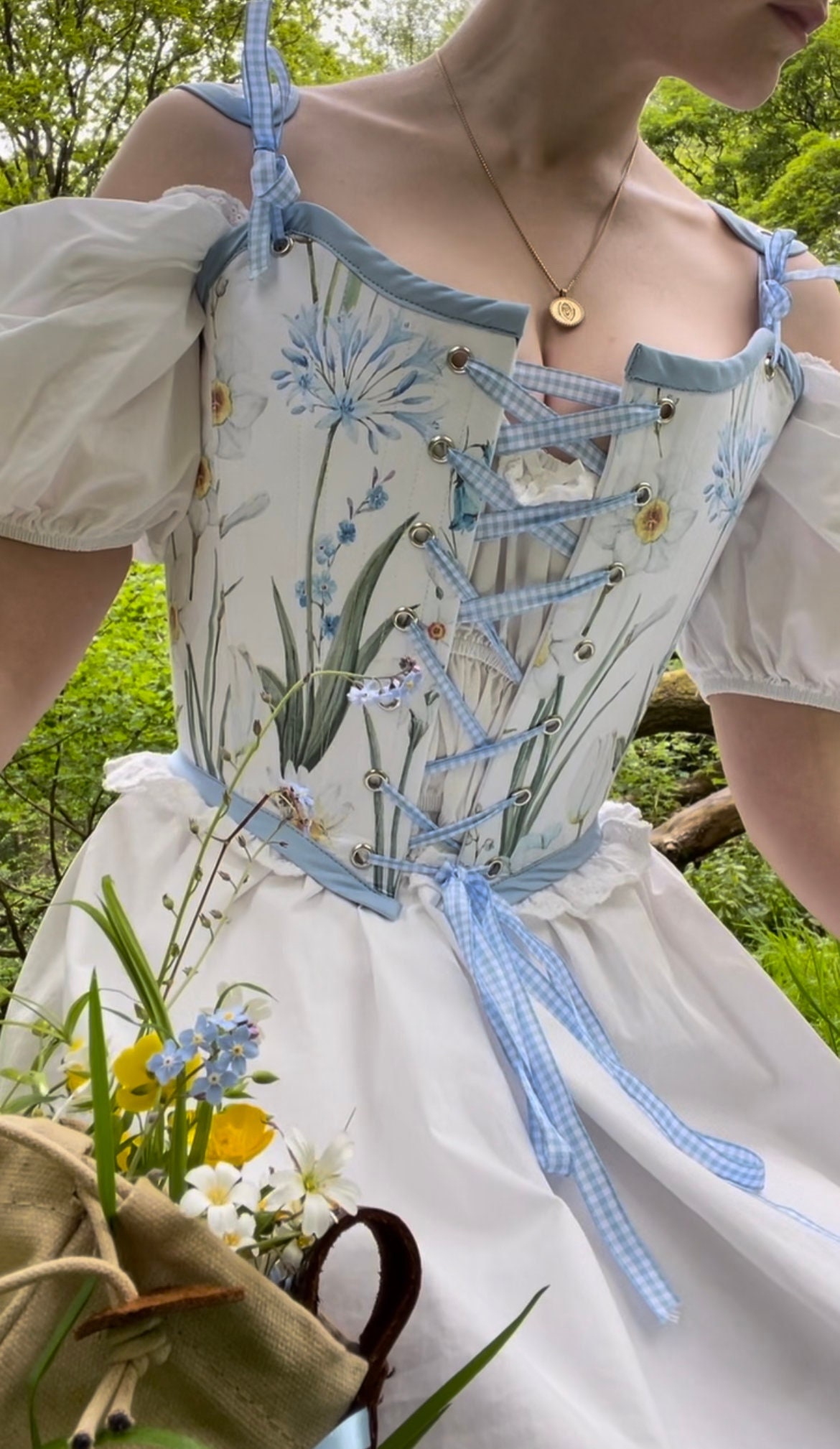 Renaissance Corset Peasant Bodice, Halloween Corset, Floral Corset Stays,  Ren Faire Costume, Medieval Corset, Blue Corset With Flowers, 