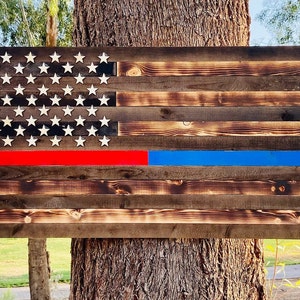 NIEBIESKO-CZERWONA FLAGA 19&quot;x36&quot; Rustykalna, Flaga amerykańska, Policja, Strażak, Drewniana rustykalna, Gwiazdy drewniane, Cienka linia