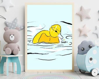 Impresión artística de un lindo dibujo de un pato / Arte mural caprichoso de un pato amarillo / Ilustración minimalista de un animal / Decoración natural linda para el hogar