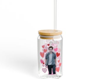 Edward Cullen Sipper Glass, Love-Themed Tempered Glass with Straw, 16oz