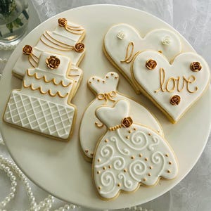 Gold Wedding Cookies – Custom Color Sugar Cookies – Bridal Shower Favors, Engagement Party, Elegant Cookie Gifts