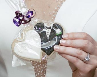 Bride and Groom Cookies – Double Heart Wedding Cookies – Custom Sugar Cookies, Bridal Shower, Anniversary, Engagement Favors