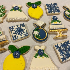 Beautiful Lemon and Greek Tile Themed Wedding Decorated Sugar Cookies, Wedding Cookies, Wedding Favors, Bridal Shower cookies, Bridal Favors