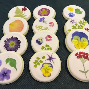May include: Twelve round sugar cookies decorated with pressed flowers. The cookies are a light pink color and feature a variety of flowers, including purple, yellow, red, and green.